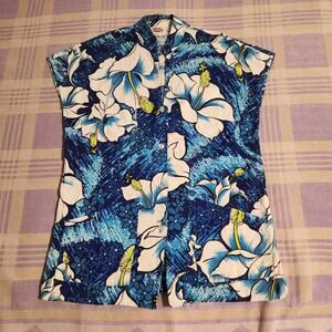 POMARE Hawaiian barkcloth camp shirt vtg 60s 70s usa tiki beach Pockets Flower